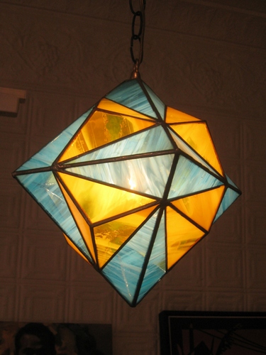 Octahedron/Dodecahedron: turquoise- &amp; yellow-glass hanging lamp