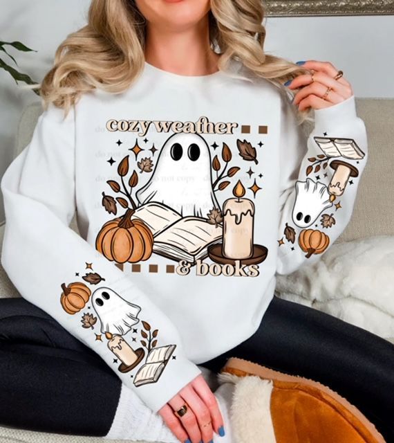 Ghost crewneck with books/candle with sleeves