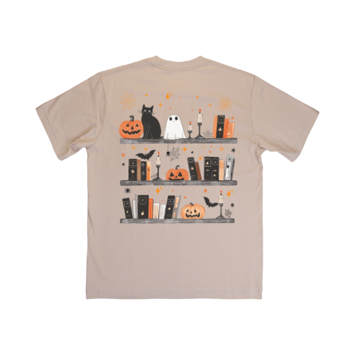 Bookshelf ghost pumpkins tshirt