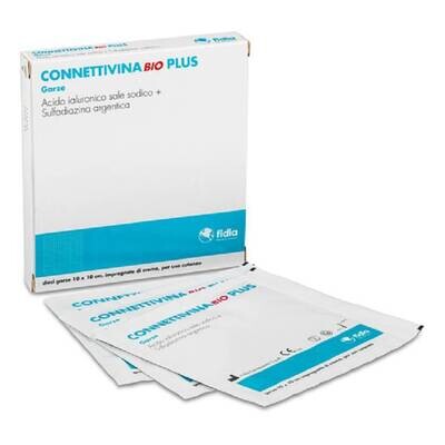 Connettivina Bio Plus Garza10x10 a base di Acido ialuronico sale sodico + sulfadiazina d&#39;argento per il trattamento di lesioni cutanee - Scatola 10 pz