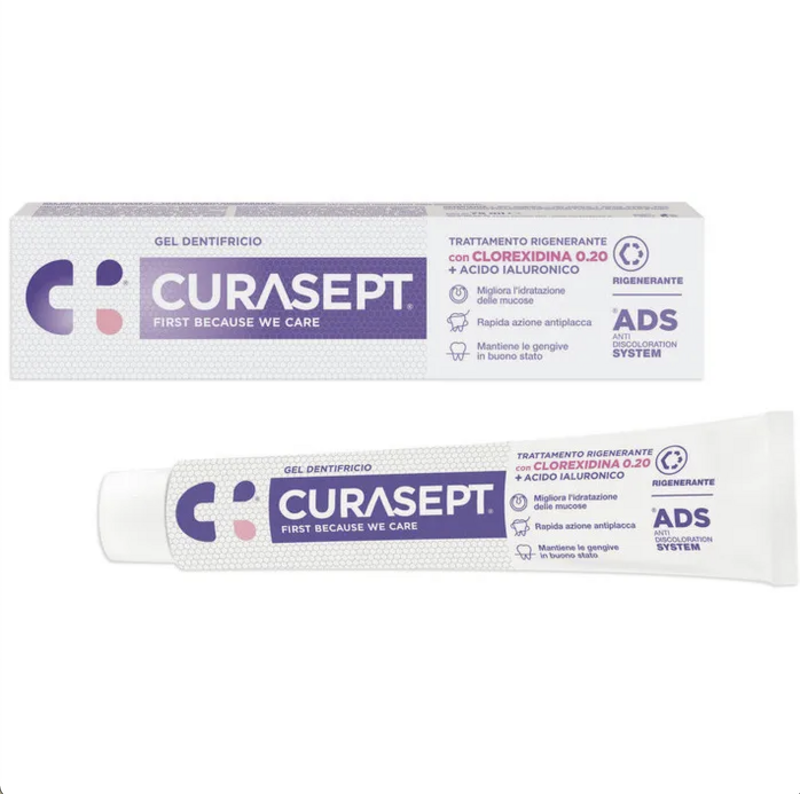 Curasept Gel Dentifricio - 0,20 Clorexidina + Acido Ialuronico - Trattamento Rigenerante - Ads+Dna - 75ml
