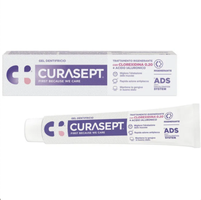 Curasept Gel Dentifricio - 0,20 Clorexidina + Acido Ialuronico - Trattamento Rigenerante - Ads+Dna - 75ml