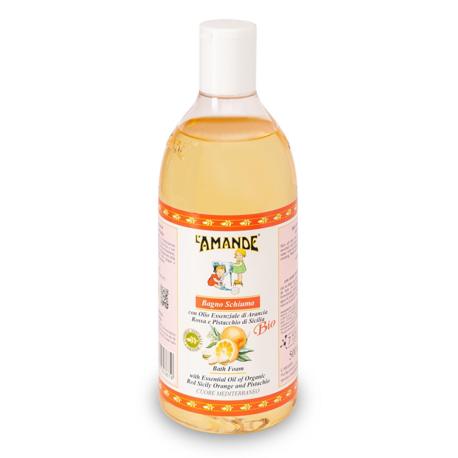 Aromatique Bagno Schiuma con Olio Essenziale Arancia Rossa e Pistacchio - L&#39;Amande - Flacone 500 ml