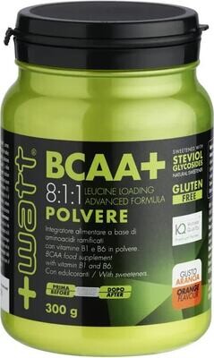 BCAA+ 8:1:1 Polvere Gusto Arancia - Integratore Alimentare a base di Aminoacidi Ramificati - +Watt - Barattolo 300 g