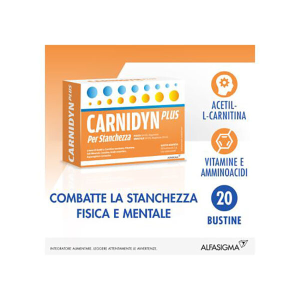Carnidyn Plus - Integratore alimentare gusto Arancia - Combatte Stanchezza Fisica e Mentale - Confezione 20 bustine