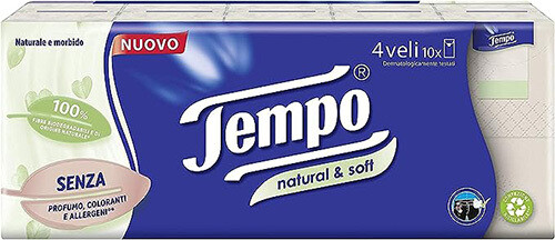 Tempo Fazzolettini Natural &amp; Soft - 10 Pacchetti Da 9 Fazzolettini