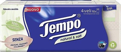 Tempo Fazzolettini Natural &amp; Soft - 10 Pacchetti Da 9 Fazzolettini