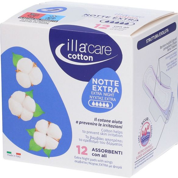 Illa Care Assorbente Notte - Extra Assorbenza - 100% Cotone - 12 Assorbenti Con Ali