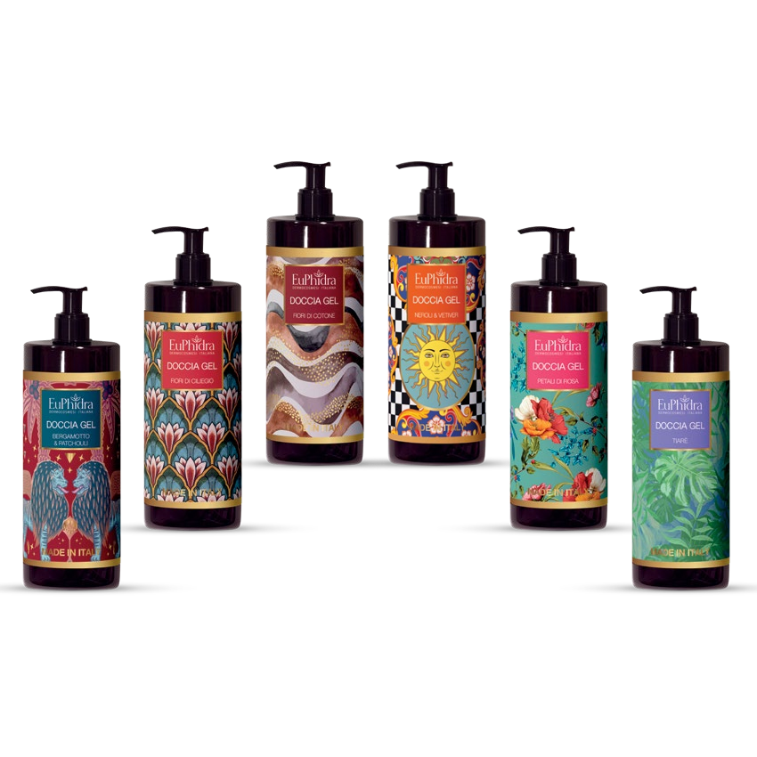EUPHIDRA DOCCIA GEL - BERGAMOTTO E PATCHOULI - FIORI DI CILIEGIO - FIORI DI COTONE - NEROLI &amp; VETIVER - PETALI DI ROSA - TIARE'