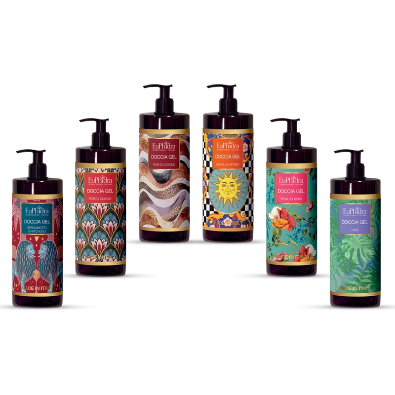 EUPHIDRA DOCCIA GEL - BERGAMOTTO E PATCHOULI - FIORI DI CILIEGIO - FIORI DI COTONE - NEROLI &amp; VETIVER - PETALI DI ROSA - TIARE'