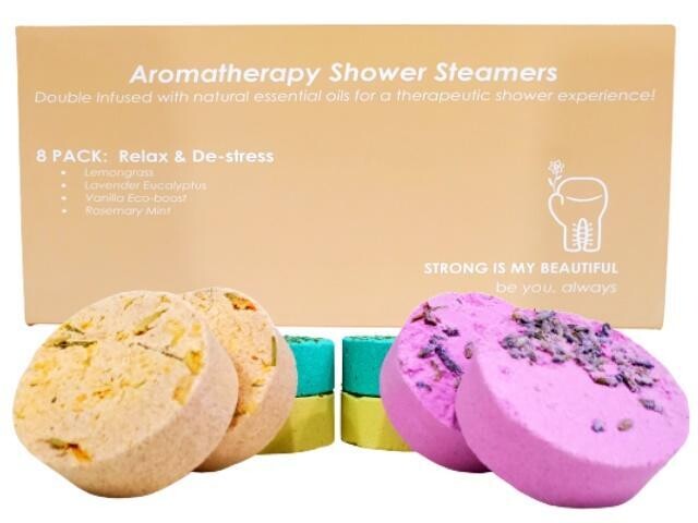 RELAX &amp; DESTRESS PACK:  Strong Is My Beautiful™ Aromatherapy Shower Steamers – Lemongrass; Lavender Eucalyptus; Vanilla Eco-boost; Rosemary Mint 