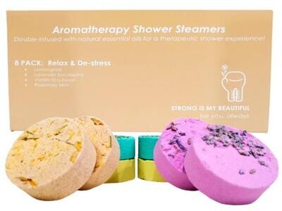 RELAX &amp; DESTRESS PACK:  Strong Is My Beautiful™ Aromatherapy Shower Steamers – Lemongrass; Lavender Eucalyptus; Vanilla Eco-boost; Rosemary Mint 