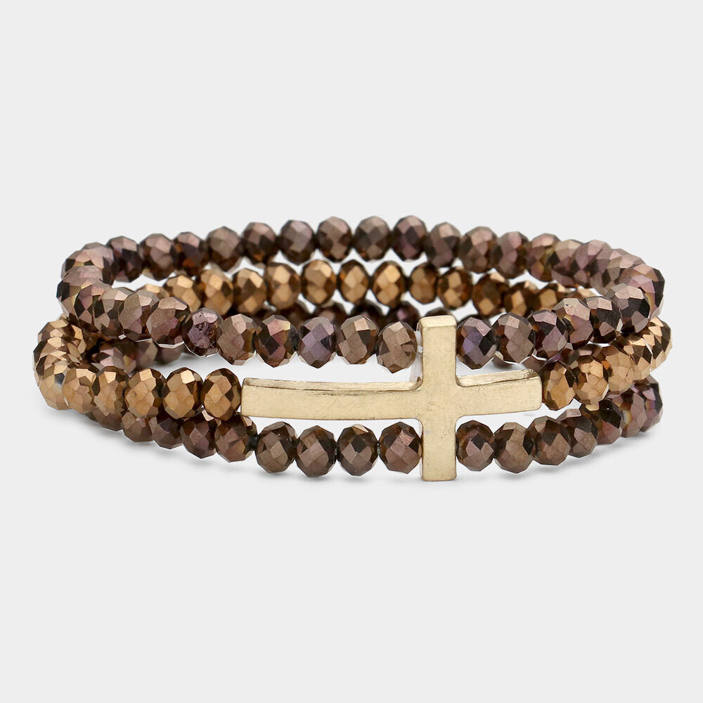 Metal Cross Accented Beaded Stretch Bracelet Set