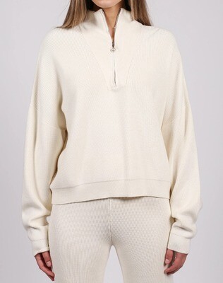 Half-Zip Ribbed Knit Popover in Cream with Pearl