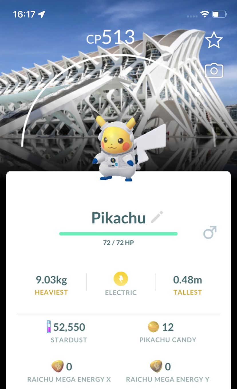 Pikachu Astronaut with Valencia Museum Background Trade - Pokemon GO Trade