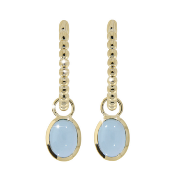 CANDY earrings, made of 14 ct. yellow gold, with cabochon cut London blue topas.  24,5 mm.