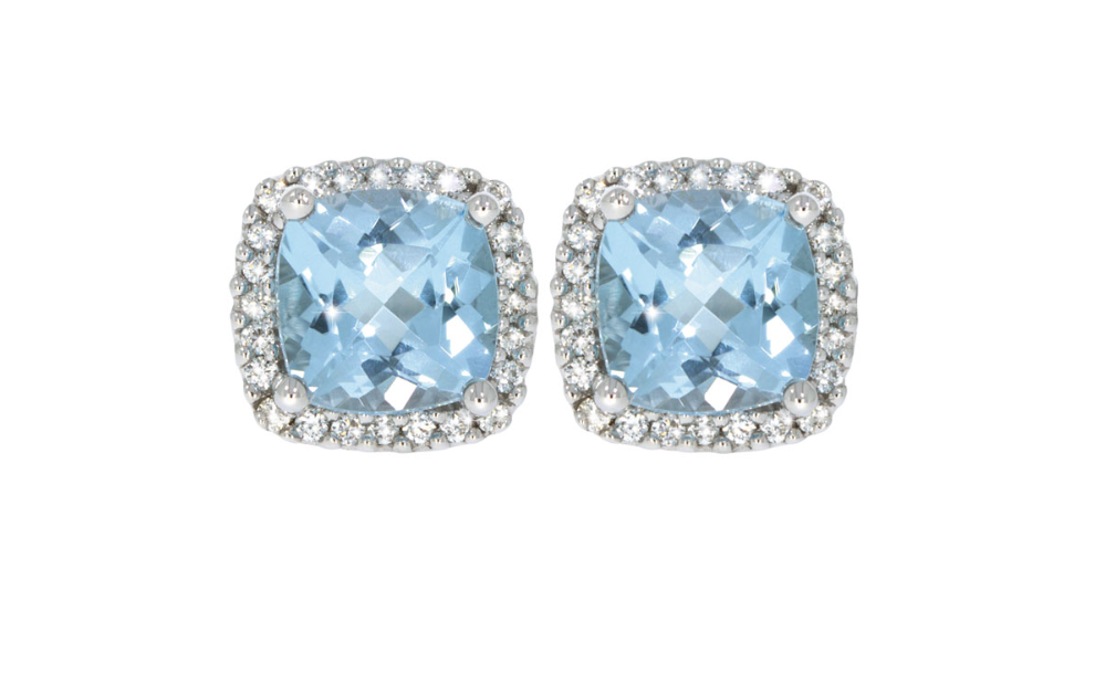 MEMORY earrings, made of 14 ct. white gold, 0,22 ct. W/SI diamonds and 3,5 ct. blue topaz