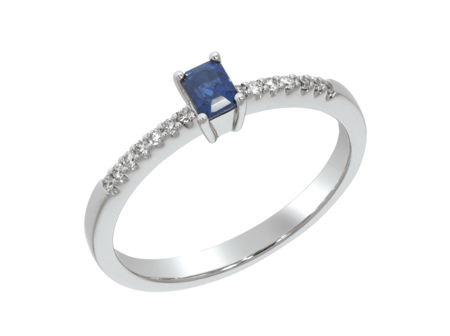 ELISABETH diamond ring, made of 14 ct. white gold, 0,10 ct. TW/SI diamonds and 3 x 4 mm. sapphire
