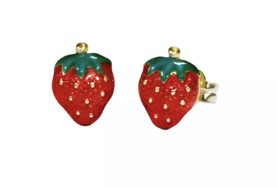 STRAWBERRY earrings, made of 14 ct. yellow gold and enamel