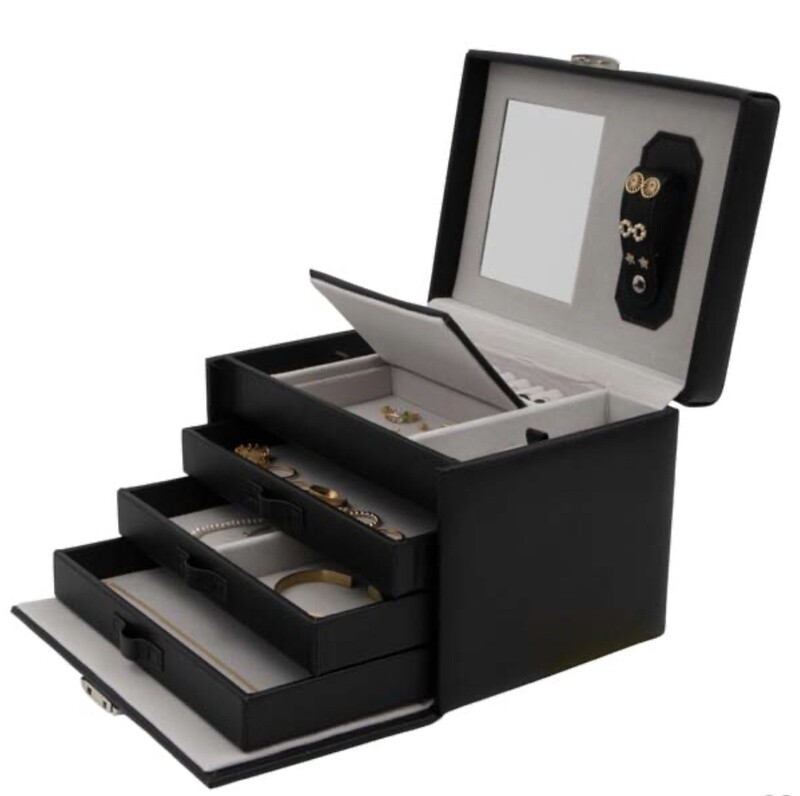 JEWELRY BOX 903
Made of black PVC and off grey velvet inside. Comes with lock and key. 
W 225 x D162 x H162 mm.