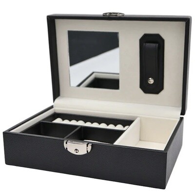 JEWELRY BOX 902
Made of black PVC and off white velvet inside. Comes with lock and key.
W 245 x D160 x H78 mm.