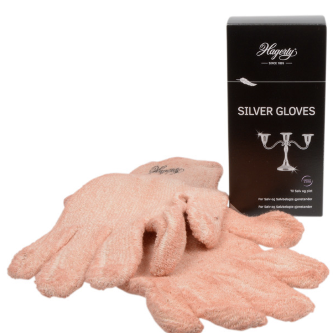 HAGERTY SILVER GLOVES (pair) 250 x 130 mm. 
Impregnated cleaning gloves for silver and silver-plated items.