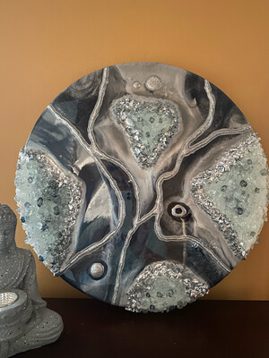 Midnight Blue And Silver 16” Round Resin Geode Featuring Authentic Quartz Crystals, Fire Glass And Glitter!