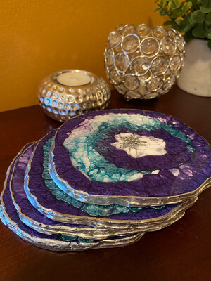 Purple, Teal And Silver Agate Slice Coaster Set!