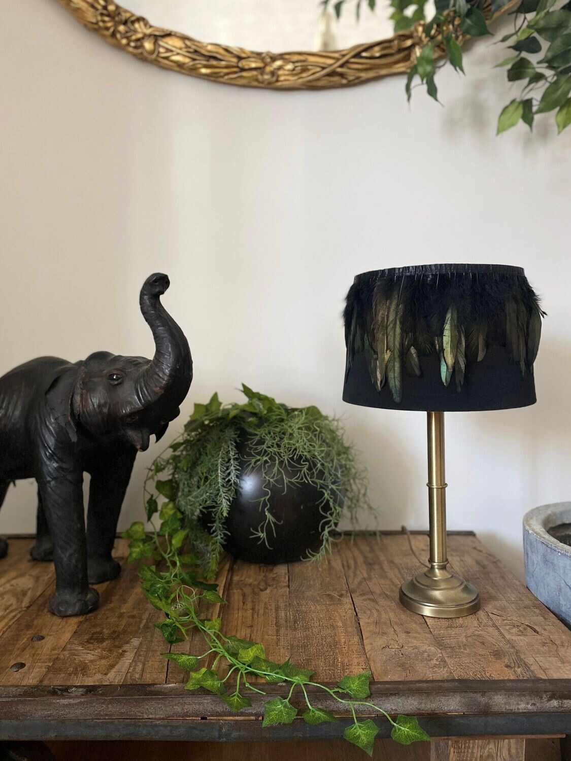 Feather Lampshade Black with Green Tones