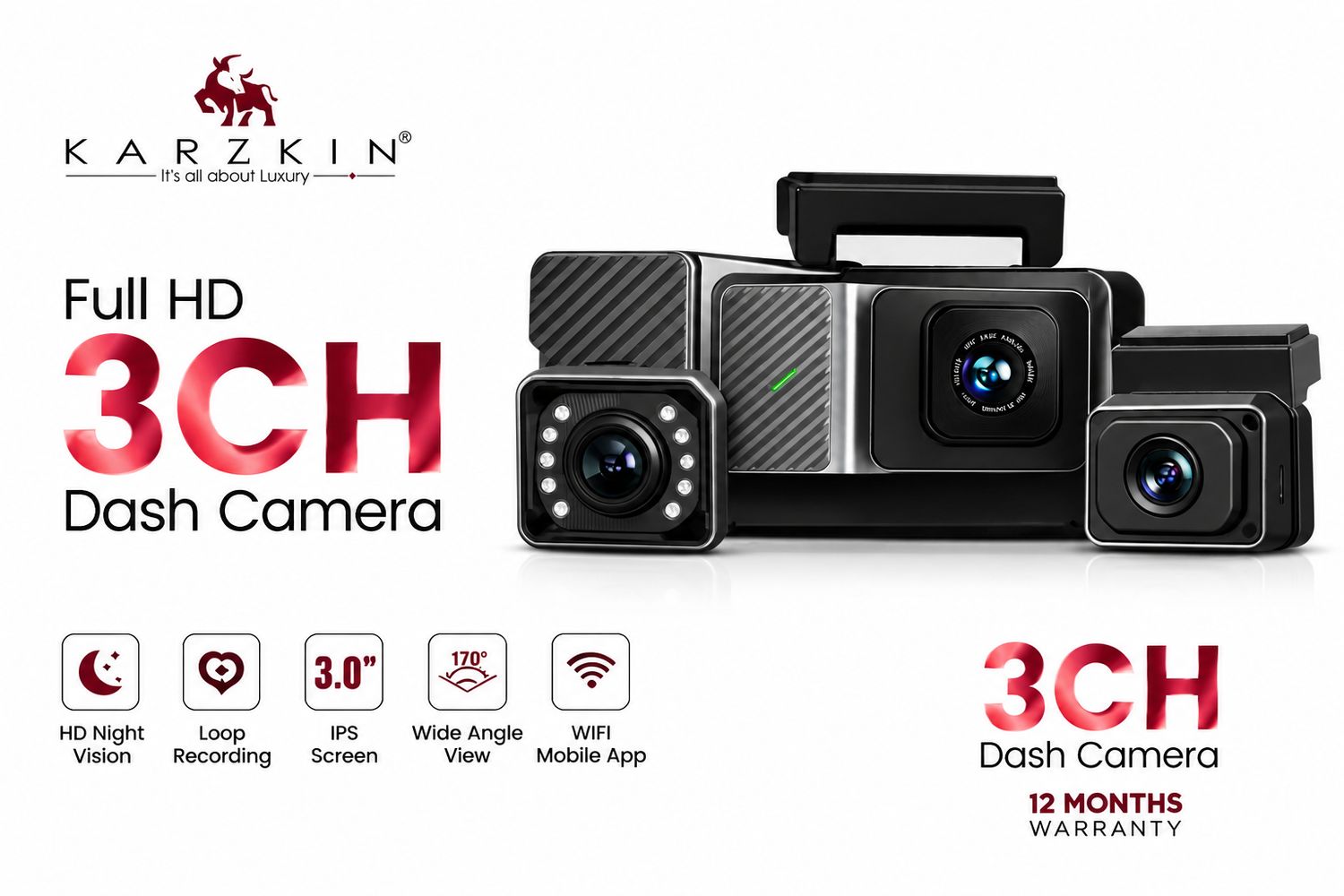 KARZKIN Full HD 3CH Dash Camera (KZN-DASH-CAM-3)