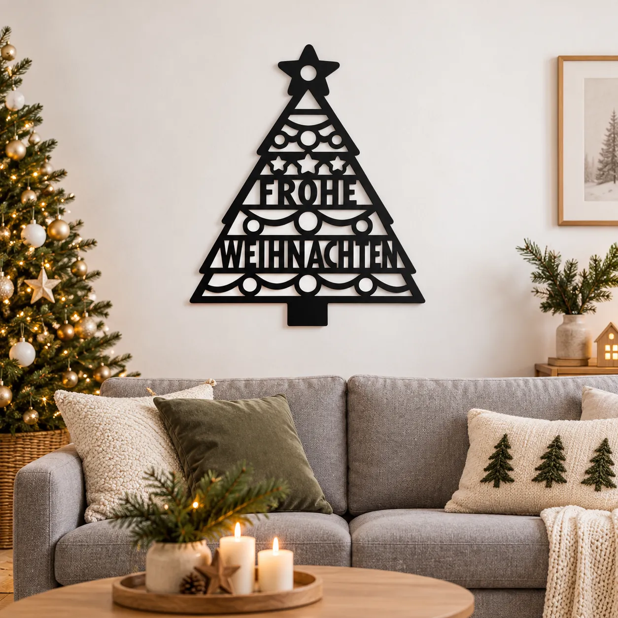Weihnachtsbaum aus schwarzem Acryl als Wanddeko im weihnachtlich dekorierten Wohnzimmer