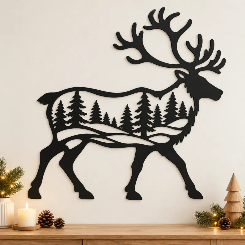 Rentier aus Acrylglas – Winterwald in der Silhouette