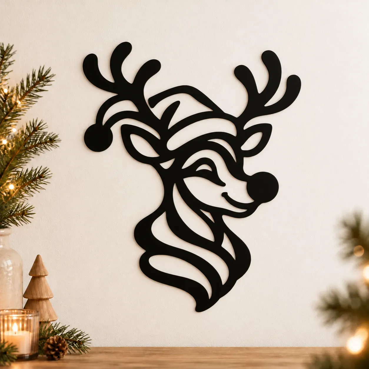 Fröhlicher Rentierkopf mit Weihnachtsmütze aus Acryl Fröhlicher Rentierkopf mit Weihnachtsmütze aus Acryl