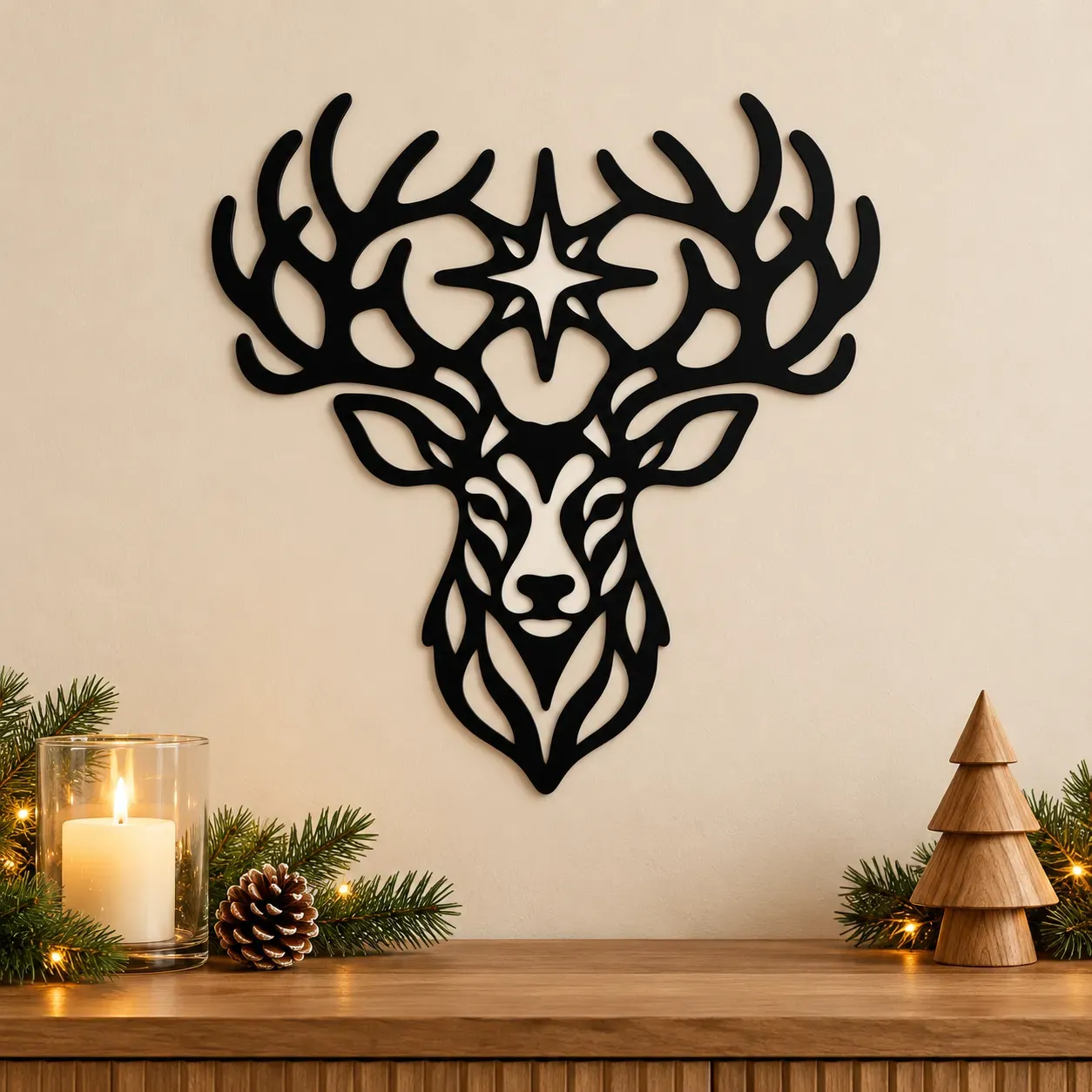 Ornamentaler Rentierkopf mit Weihnachtsstern aus Acrylglas Ornamentaler Rentierkopf mit Weihnachtsstern aus Acrylglas