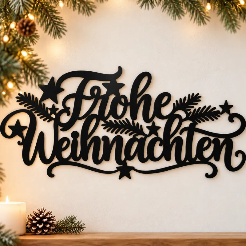 Frohe Weihnachten Schriftzug aus schwarzem Acrylglas mit Sternen und Tannenzweigen als weihnachtliche Wanddekoration