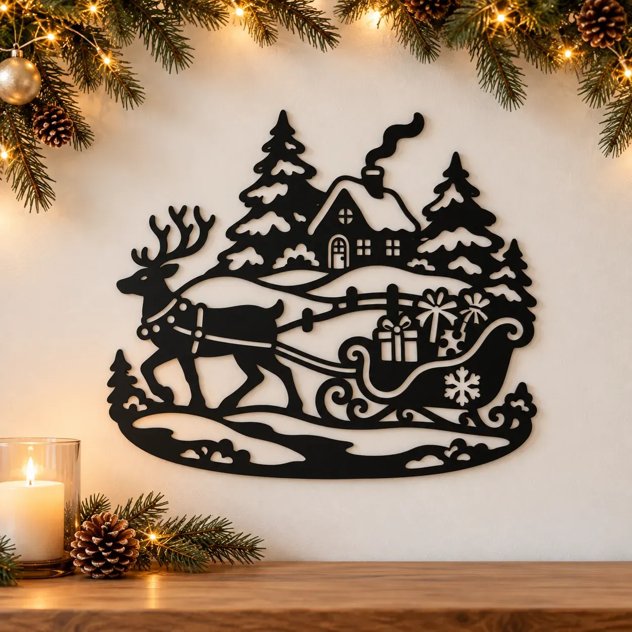 Acryl Deko - Rentier mit Geschenkeschlitten vor Winterhaus