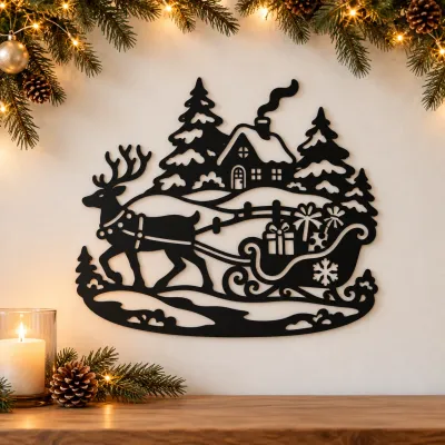Acryl Deko - Rentier mit Geschenkeschlitten vor Winterhaus Acryl Deko - Rentier mit Geschenkeschlitten vor Winterhaus
