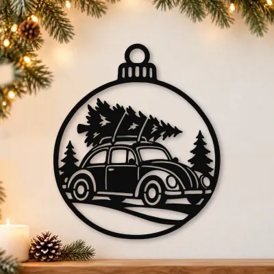 Acryl-Deko Weihnachtskugel - Oldtimer mit Baum