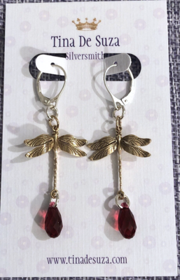 Earrings: Dragonflies & Swarovski Crystals - 6cm (deep red)