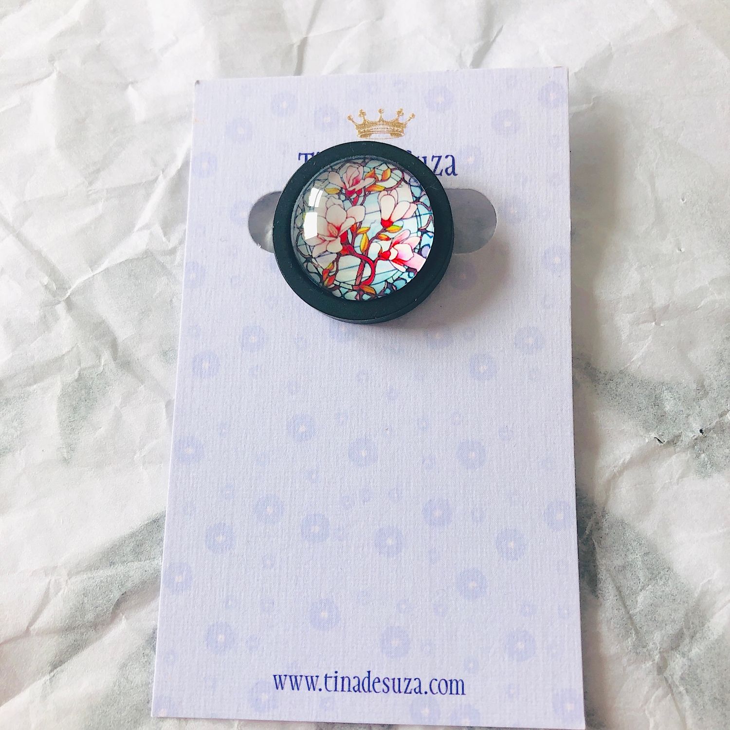 Brooch: Glass with wooden frame