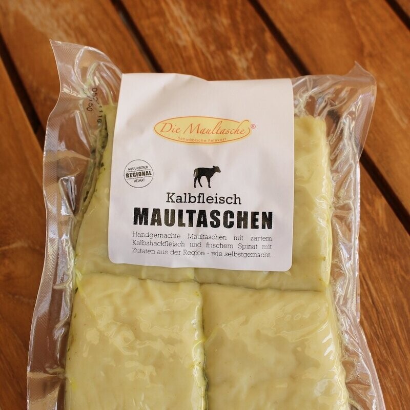 Kalbfleisch Maultaschen mit Spinat 4-er Pack ca. 380 Gramm Kalbfleisch Maultaschen mit Spinat 4-er Pack ca. 380 Gramm