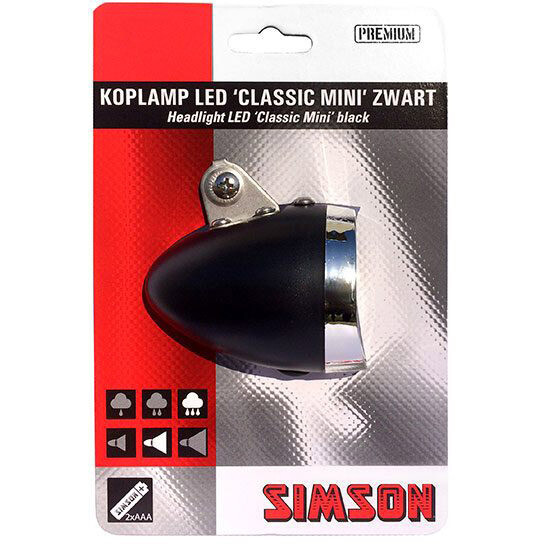 Simson voorvorkkoplamp Classic Mini zwart incl. bat.