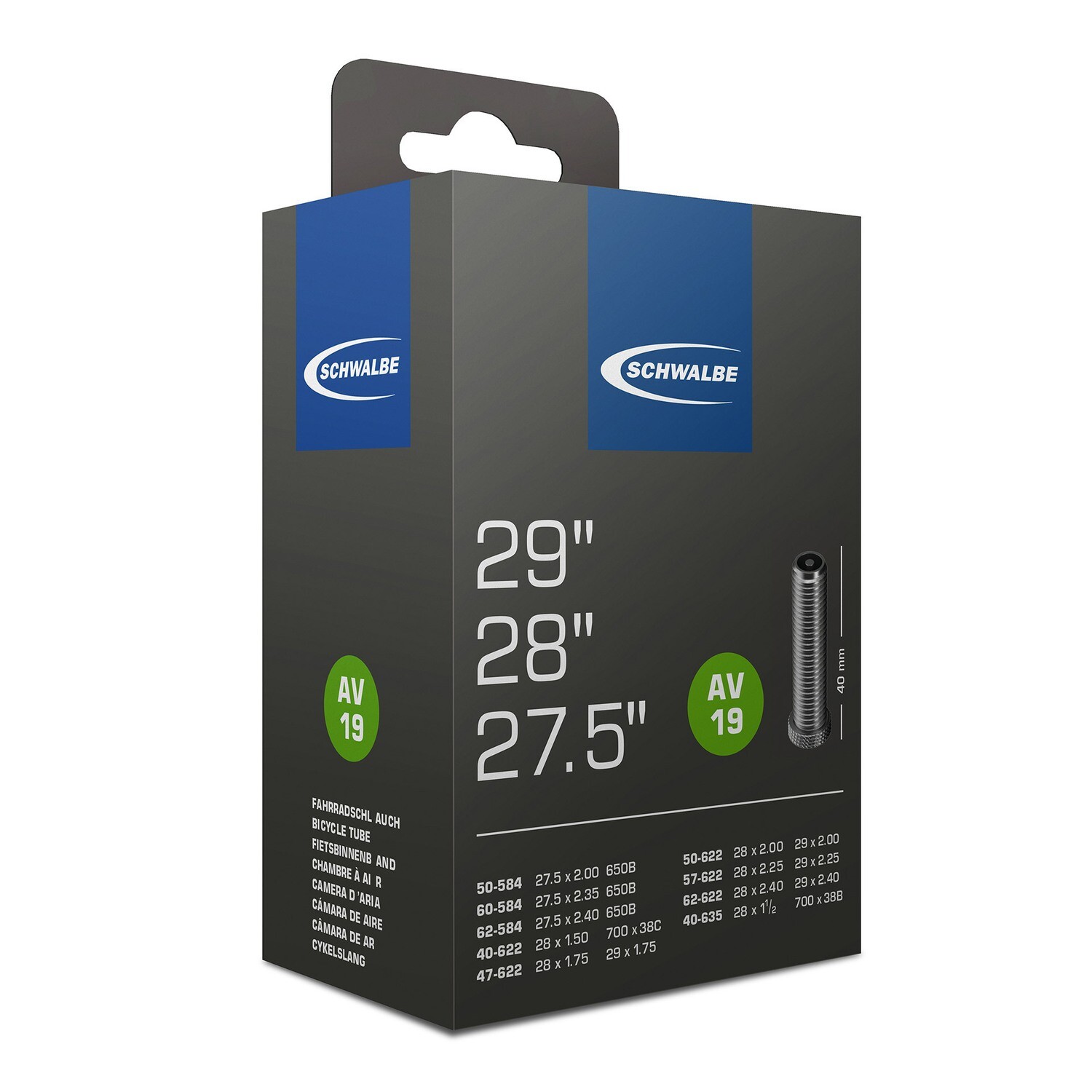 BIB Schwalbe Item 19 - 27/28/29" 40/47/50/60/62-584/622/635, Ventiel: AV
