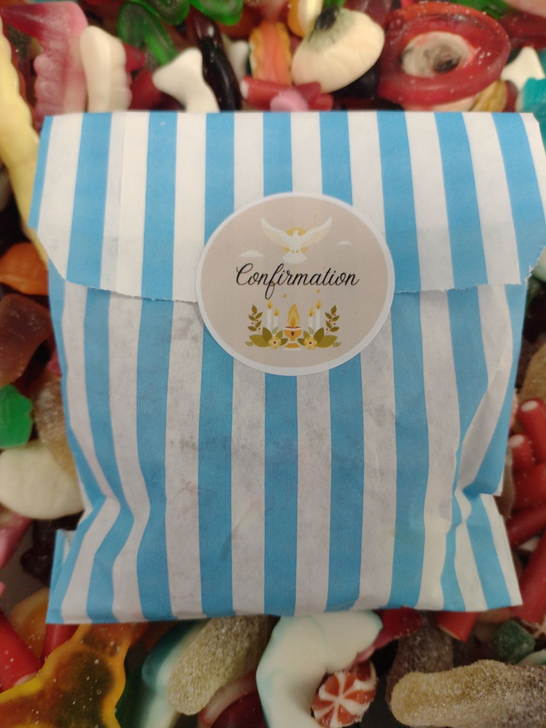 Confirmation blue 100g bag of jellies