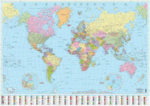 WORLD MAP - large with index &amp; flags 138cm x 97cm - Rolled