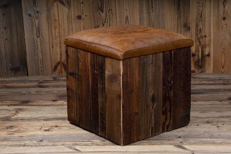 Wooden Ottoman 'brown cowhide'