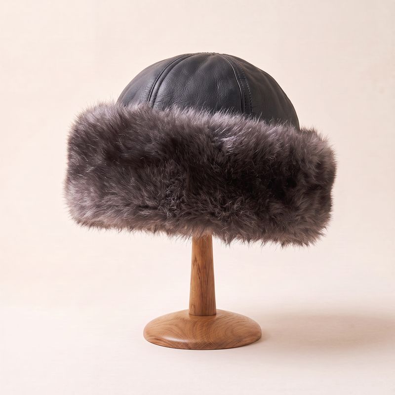Black Leather & Natural Brim  | Shearling hat