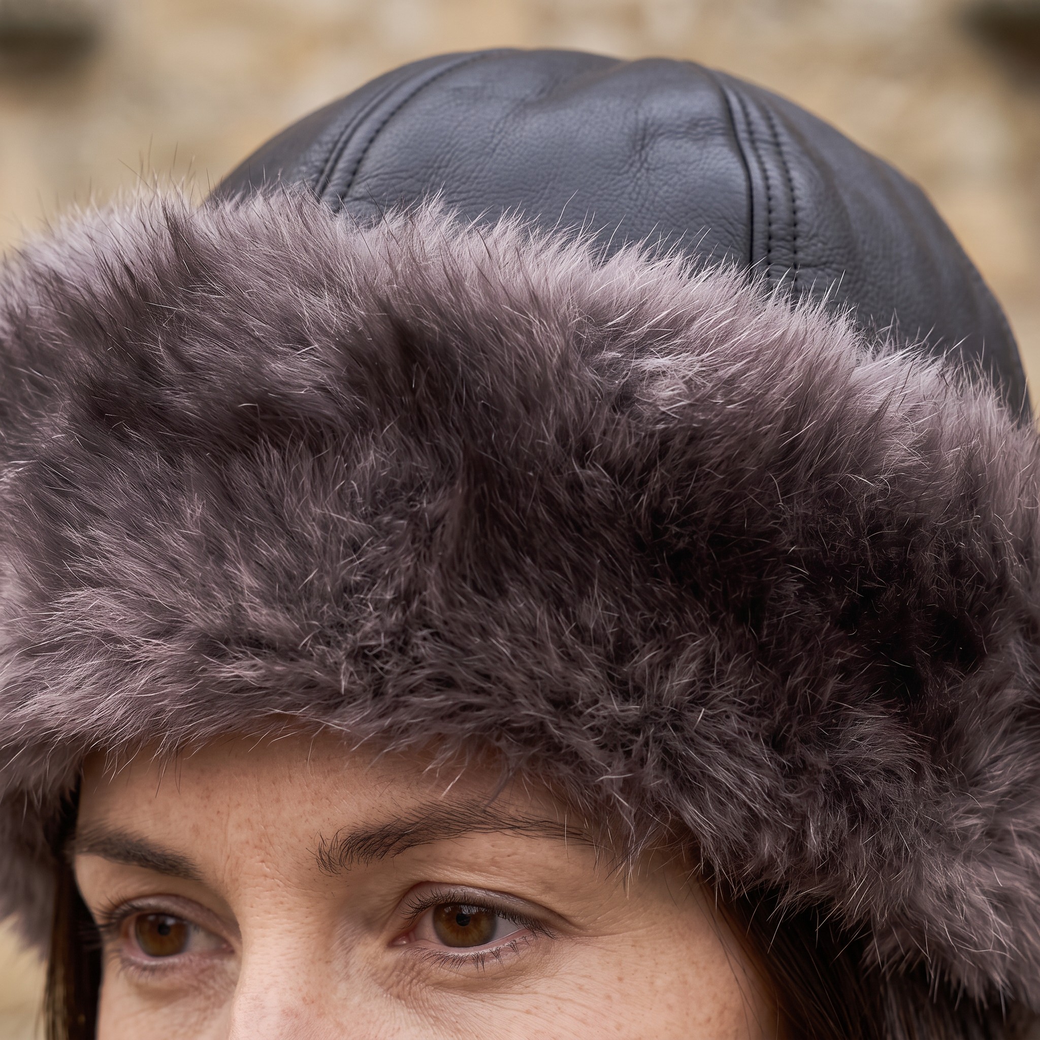 Black Leather & Natural Brim  | Shearling hat