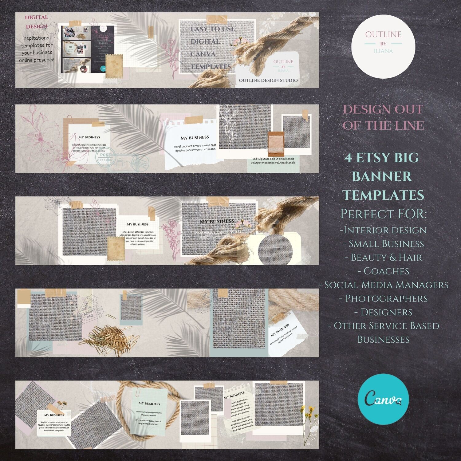 4 BIG ETSY BANNERS cover templates | modern virtual Banner |photo banner | Cover template | Canva Cover