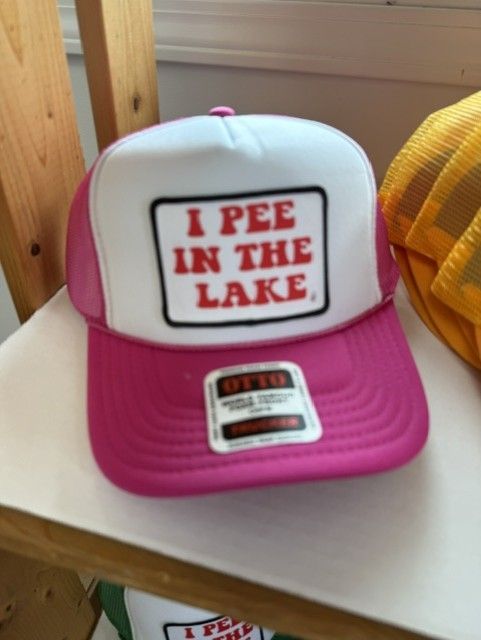 I Pee in the Lake Trucker Hat, Color: Pink & White